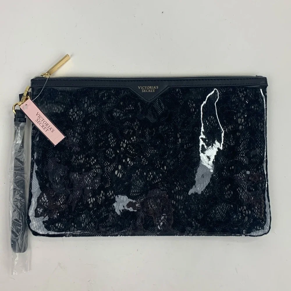 Victorias Secret Cosmetic bag Zippered pouch Wristlet Black Lace Gold Zip NEW